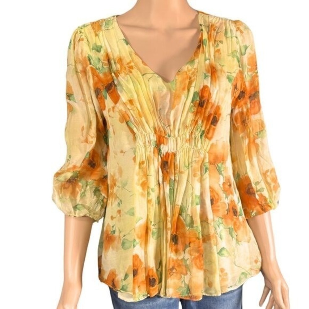Sundance Womens Small Silk Floral V-Neck Blouse Orange Yellow 3/4 Puff Sleeve